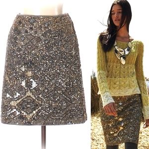 Anthropologie Moulinette Soeurs Silver Gray Sequin Beaded Wool Pencil Skirt